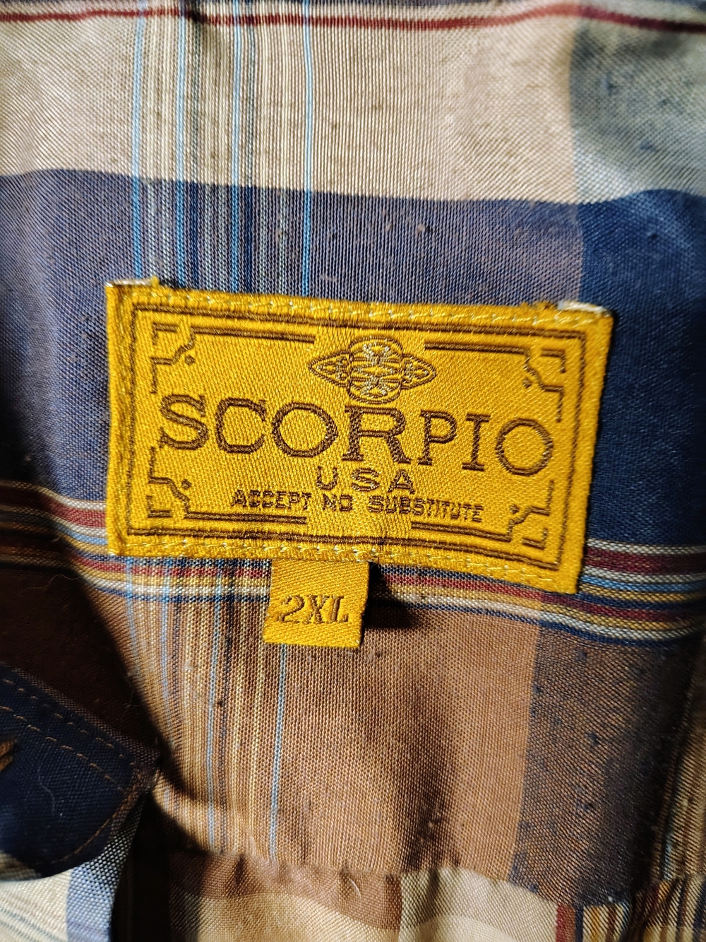 Vintage Scorpio USA Shirt Mens 2XL Brown Blue Plaid Short Sleeve Button Up 90s - Picture 3 of 4